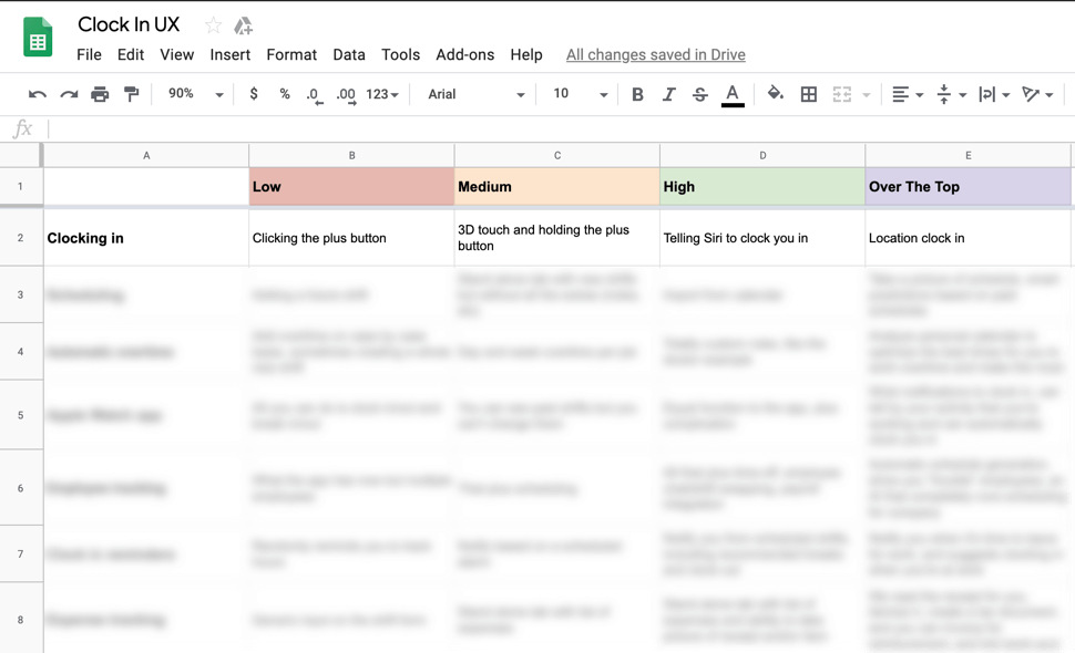 Spreadsheet showing 4 levels with data blurred out