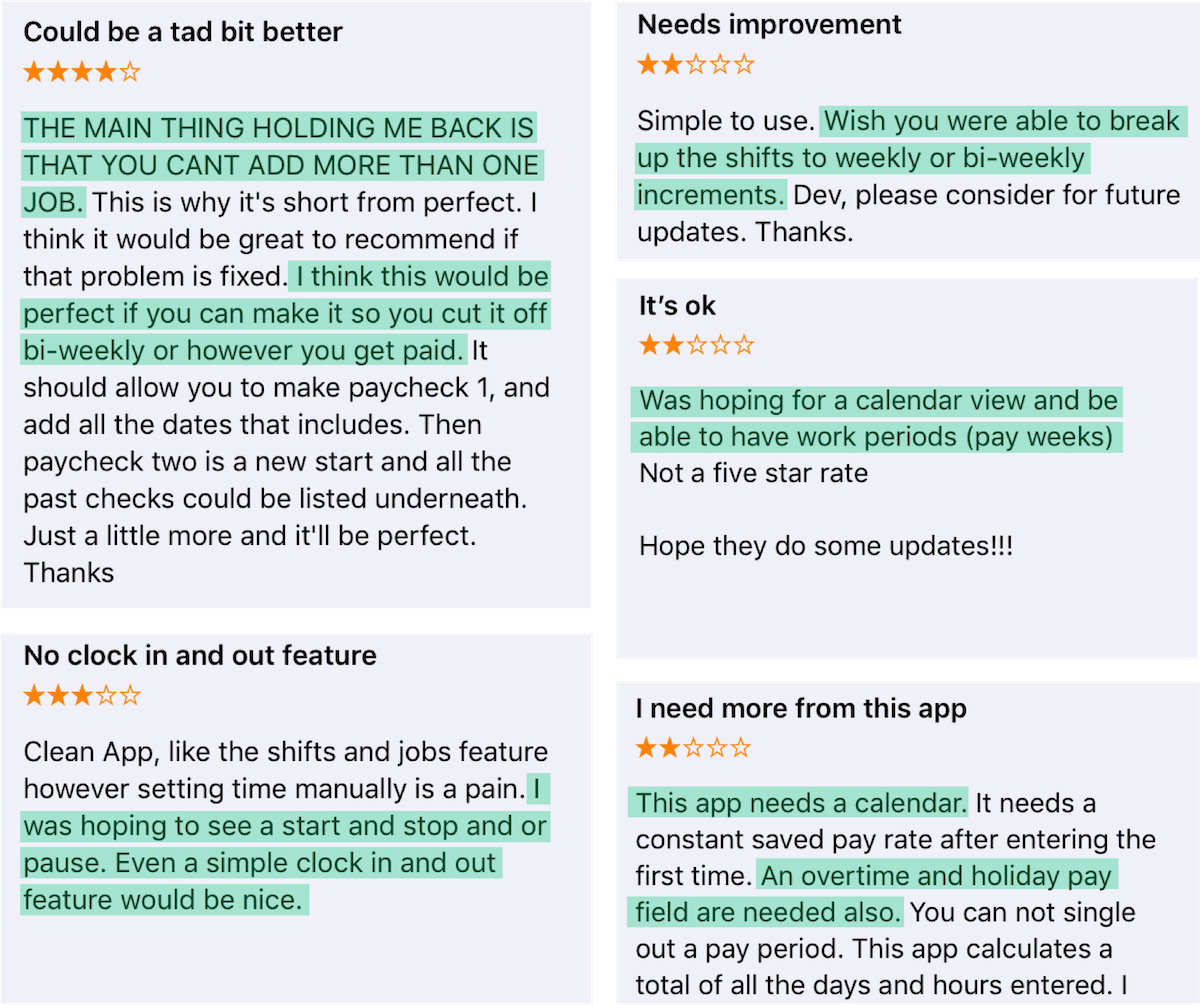 Collage of critical app store reviews