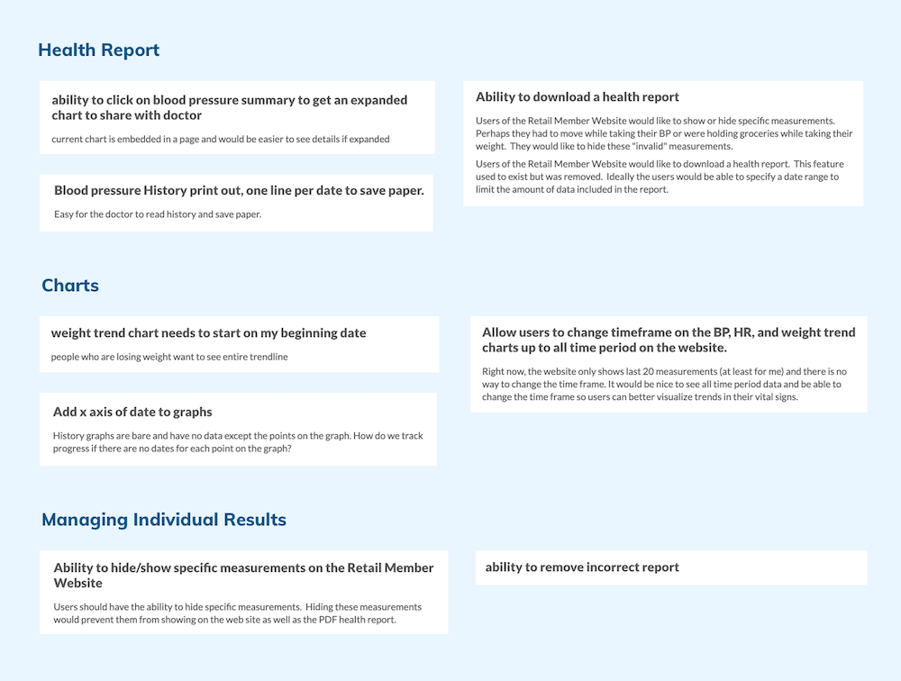 Ideas organized into three categories: health report, charts, and managing individual results.